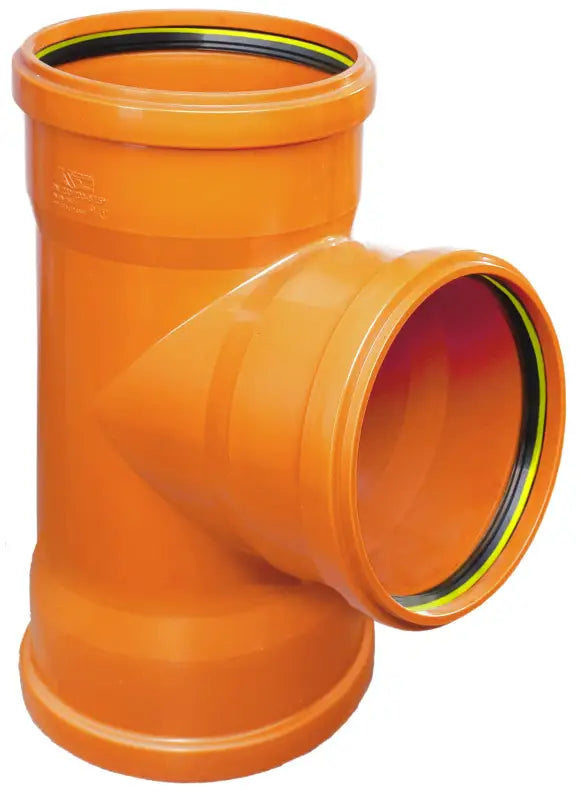 Orange PVC T-junction fitting for Markavloppsrör with rubber seals